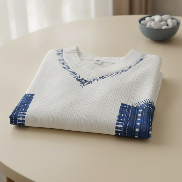Close-up of a folded EXARUS men's summer set, highlighting the wrinkle-resistant, linen-inspired fabric in a neutral tone.