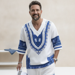 Portrait of Tom Wright, a masculine influencer, smiling confidently and wearing the EXARUS V-neck top with vibrant patterns. 