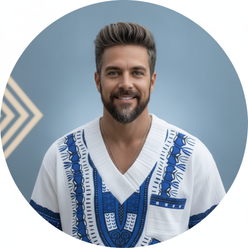 Circular portrait of Lucas Grey, a man with a modern haircut, smiling at the camera, wearing an EXARUS V-neck top.