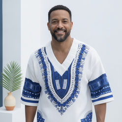 Portrait of Ben Carter, a masculine man, smiling confidently, wearing the printed V-neck top from the EXARUS summer set.