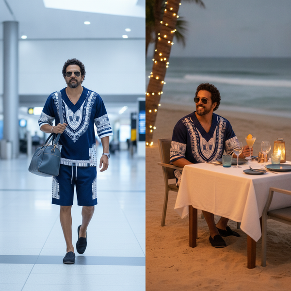 Man in a navy "EXARUS" two-piece summer set walking through an airport, transitioning to a beachside dinner scene.