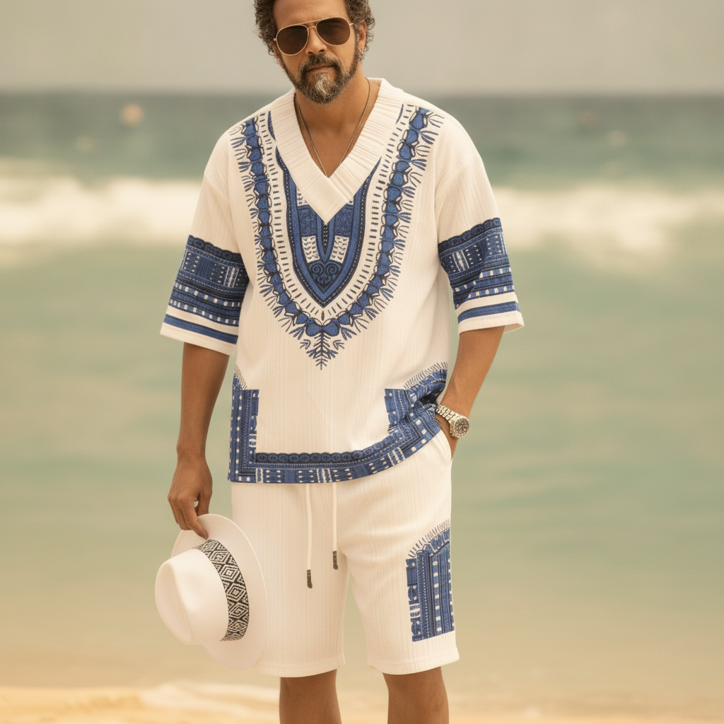 A man in his late 20s stands on a sunny beach, wearing a vibrant patterned EXARUS two-piece V-neck top and matching shorts.