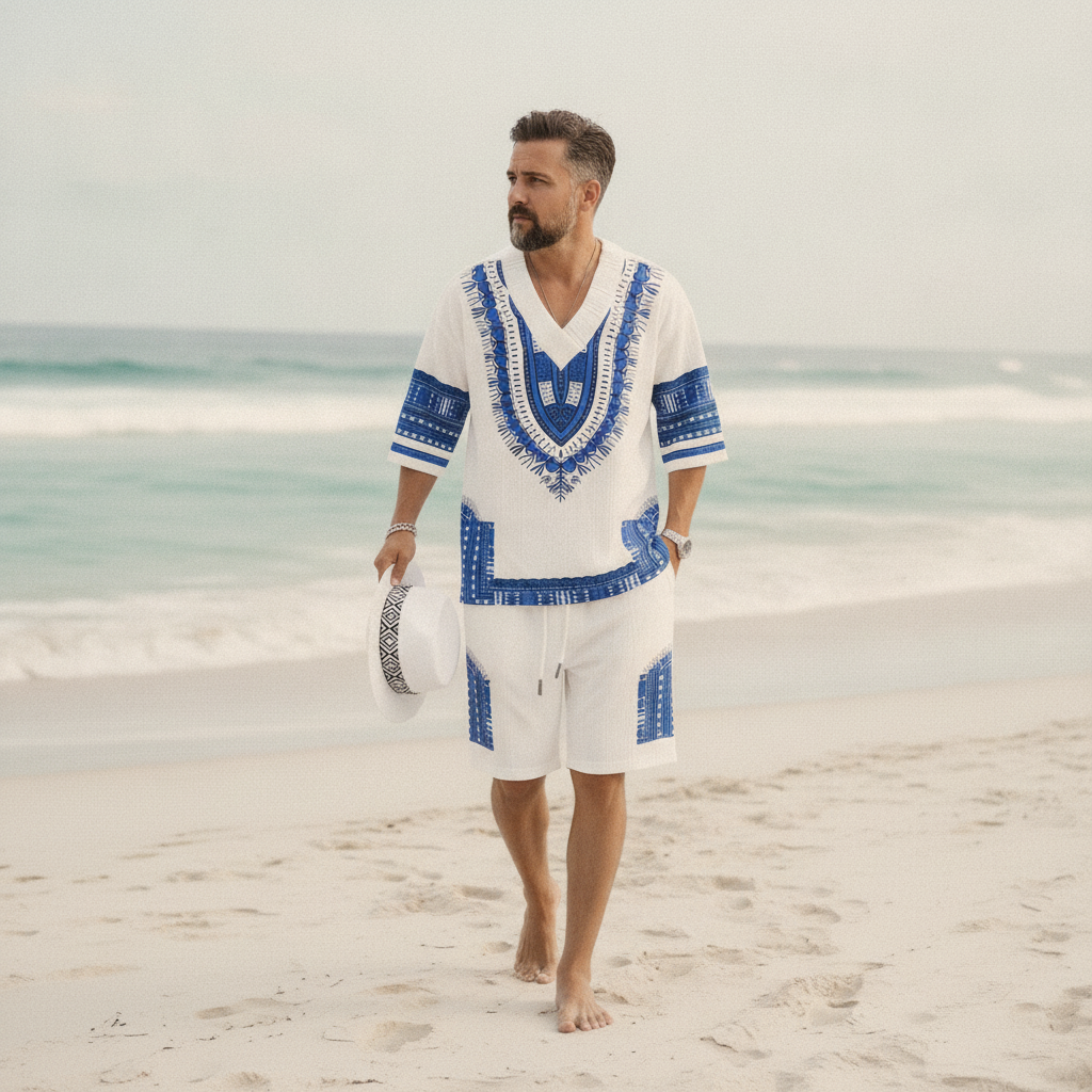 Diverse man in a printed V-neck top and matching shorts walks casually on a sunny beach, showcasing a relaxed summer outfit.