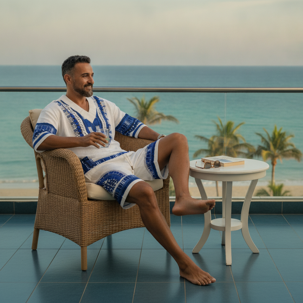 A diverse man wearing the EXARUS two-piece patterned V-neck top and matching shorts, relaxing in a sunny outdoor vacation set
