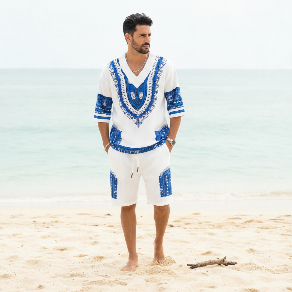 A man wearing a patterned V-neck top and matching shorts stands on a sunny beach with the ocean behind him.